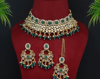 Indian Wedding Jewelry Set | Kundan Necklace Set | Necklace, Earring and Tikka Set I Statement Jewelry | Green, Gold Rhinestone Set