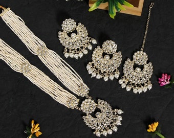 Indische Hochzeit Schmuck Set | Kundan Halsketten-Set | Halskette, Ohrring und Tikka Set | Statement Schmuck | Brautjungfer Geschenk Schmuck Set Braut