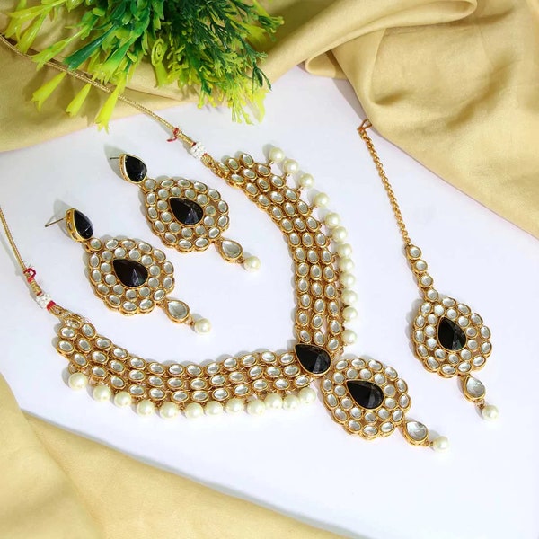 Indian Wedding Jewelry Set | Kundan Necklace Set | Necklace, Earring and Tikka Set | Statement Jewelry | Black and Gold Rhinestone Set