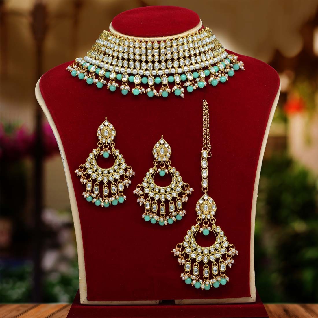 Indian Gold Tone Kundan Bridal Necklace Earring Tikka Nath Set Costume Jewellery 