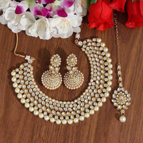 Indian Wedding Jewelry Set | Kundan Necklace Set | Necklace, Earring and Tikka Set | Bridesmaid Gift Jewelry Necklace Set I Bridal Statement