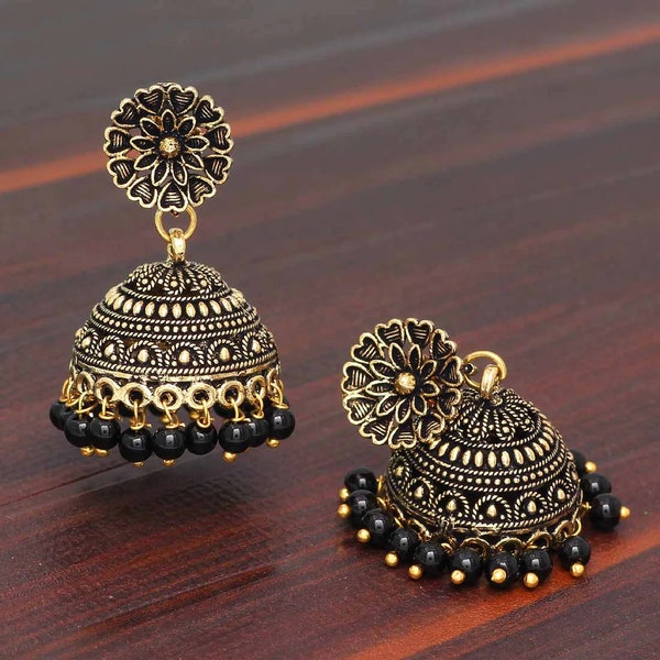 Indian Rajasthani Traditional Gold Oxidised Black Jhumka Earrings Wedding Jewelry | Black and Gold Earring Set | Statement Rhinestone Set