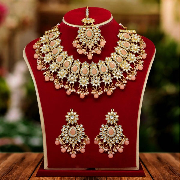 Conjunto de joyería de boda india I Conjunto de collar Kundan I Conjunto de collar, pendiente y Tikka I Joyería de declaración I Melocotón, Conjunto de pedrería de oro