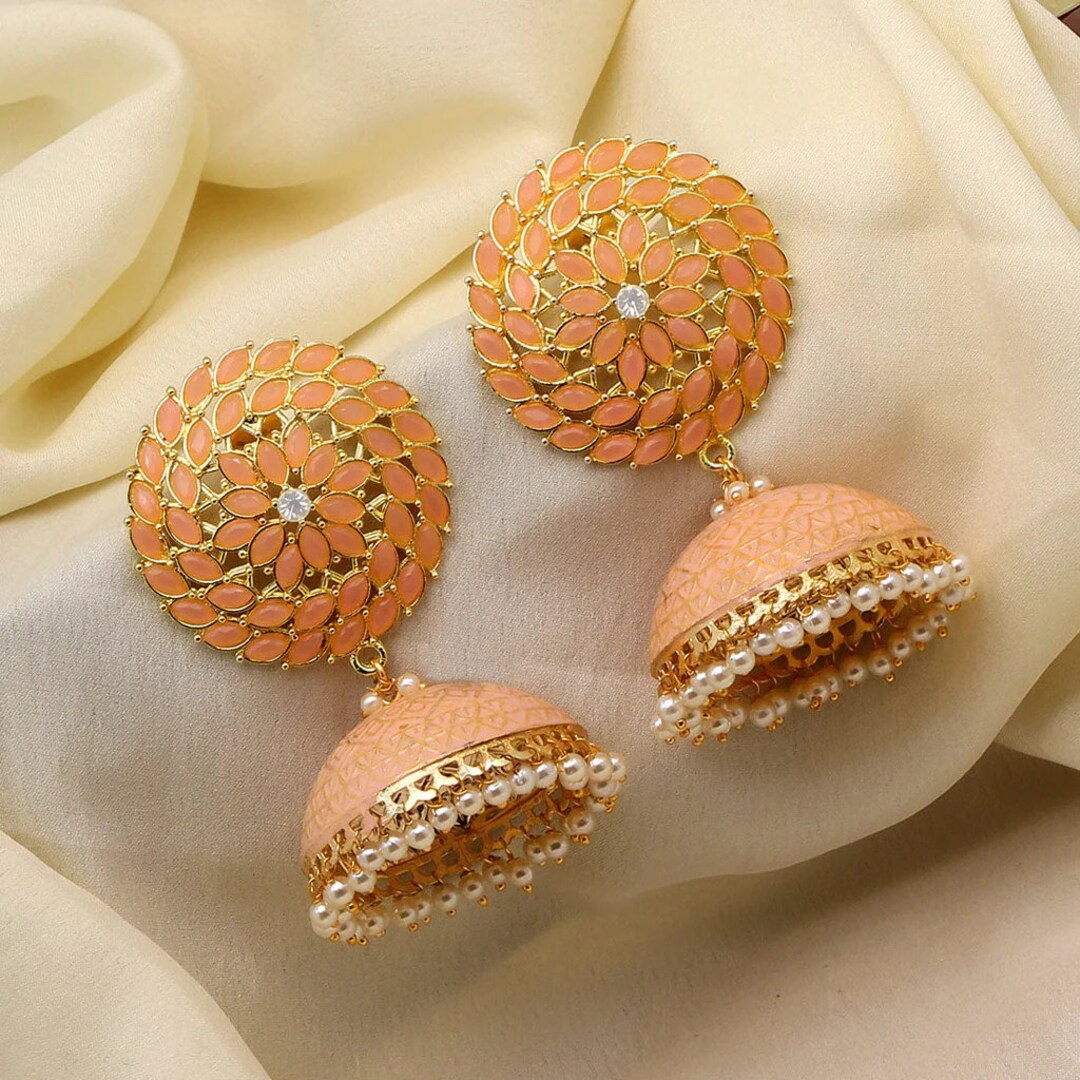 Indian Rajasthani Traditional Gold and Peach Jhumka Earrings Wedding