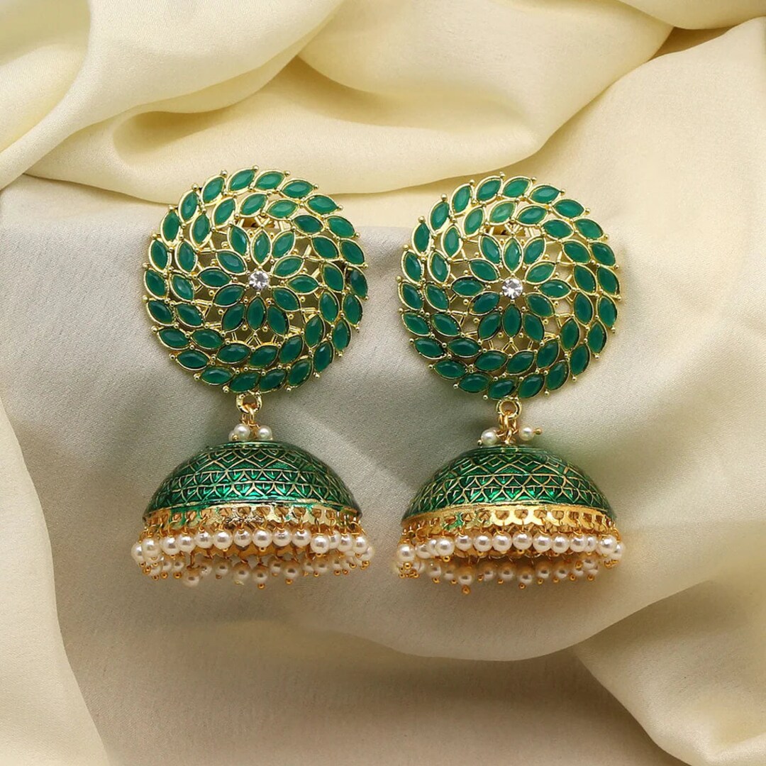Indian Rajasthani Traditional Gold and Green Jhumka Earrings Wedding