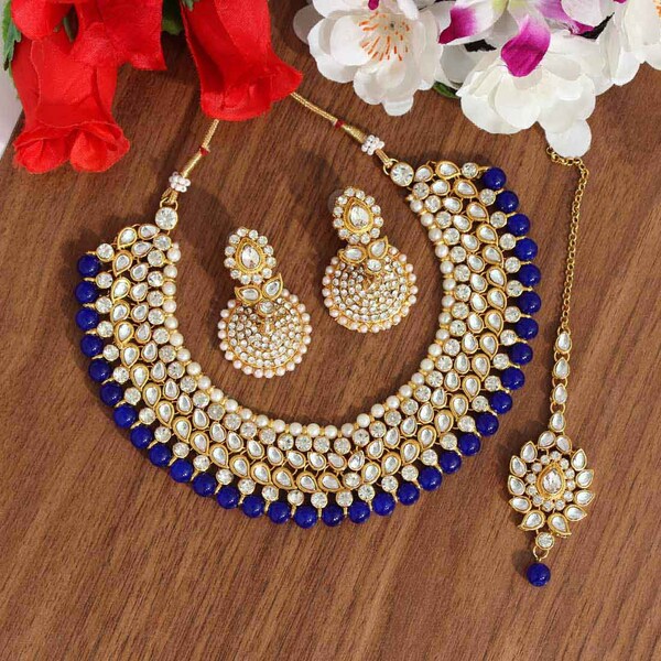 Indian Wedding Jewelry Set | Kundan Necklace Jhumka  Set | Necklace, Jhumka Earring and Tikka Set | Royal Blue Gold Rhinestone Jhumka Set