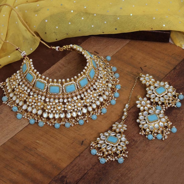 Indian Wedding Jewelry Set I Kundan Necklace Set I Necklace, Earring and Tikka Set I Statement Jewelry I Baby Blue, Gold Rhinestone Set