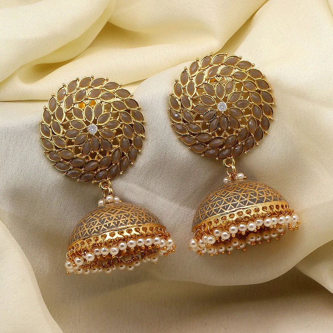 Indian Rajasthani Traditional Gold and Gray Jhumka Earrings Wedding