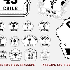 Könnte beinhalten: Ein Satz von 10 Schwarzweiß-SVG-Dateien zum Erstellen von Feuerwehrhelm-Patches. Die Patches zeigen verschiedene Designs, darunter eine Feuerwehr-Axt, eine Leiter und die Wörter "RETSELFIRE" und "CHILE".