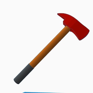 Pode incluir: Um machado de bombeiro vermelho e laranja com um cabo preto. A cabeça do machado é vermelha, o cabo é laranja e a parte inferior do cabo é preta. O machado está sobre um fundo branco.