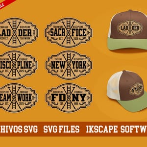 Op de afbeelding: Zes verschillende ontwerpen voor een bruine en zwarte baseballpet met een wit mesh achterpaneel. Elk ontwerp bevat een ladder met de woorden "Discipline", "Moed", "Teamwork", "Opoffering", "Ladder" en "FDNY" samen met de woorden "New York" en "De brandweer".