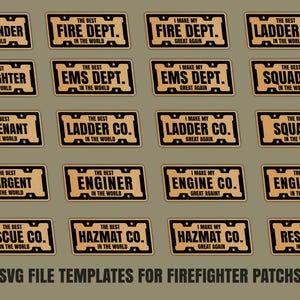 Puede incluir: Un conjunto de parches rectangulares dorados y negros. Cada parche presenta texto como "Commander", "Fire Dept.", "Firefighter" y "Rescue Co.", con la frase "The Best in the World" en muchos. La parte inferior de la imagen dice "SVG File Templates for Firefighter Patches".