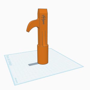 May include: An orange vertical tool component featuring a cylindrical base and a curved hook-like protrusion extending from the upper section. The object displays a small, dark, stylized graphic icon on its front surface, rendered in a 3D digital style.