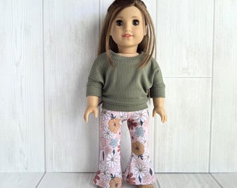 Army Green Knit Top and Floral Flare Pants. Fits 18 inch Dolls