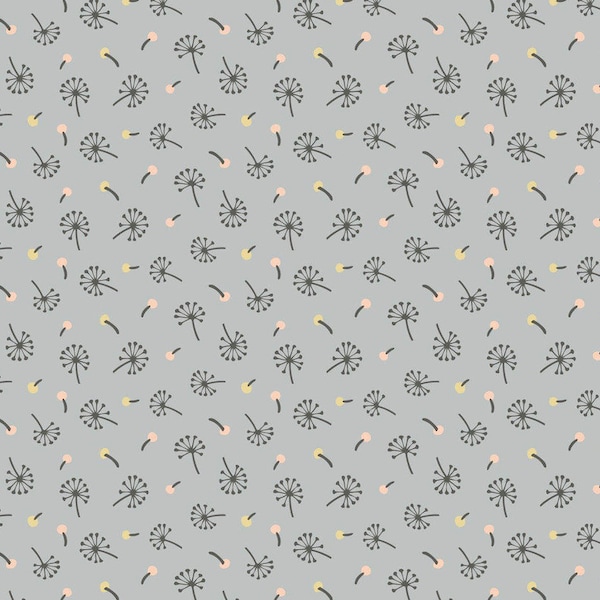 WOODLAND SONGBIRDS Poppie Cotton. Dandelion Fluffs Gray. Quilt Fabric. Gray Quilt Fabric