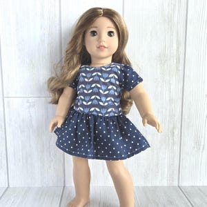 Navy Blue Tulips Floral Short Sleeve Doll Dress. Fits 18&quot; Dolls