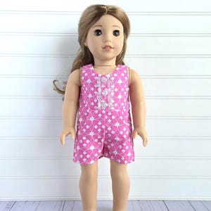 Pink Floral Sleeveless Shorts Romper with Lace Trim. Fits 18&quot; Dolls