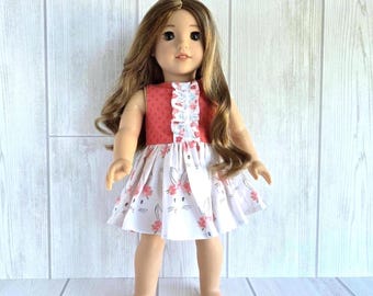 Coral Bunny Face Sleeveless Ruffle Dress with Button Trim. 18 inch doll clothes