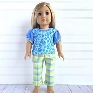 18&quot; Doll Top and Pants. Blue Floral Short Sleeve Top and Blue and Green Plaid Pants. fits 18&quot; dolls. Handmade