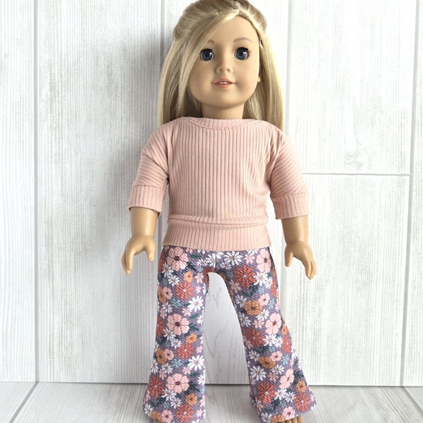 Blush Pink Knit Top and Floral Flare Pants. 18 inch doll clothes