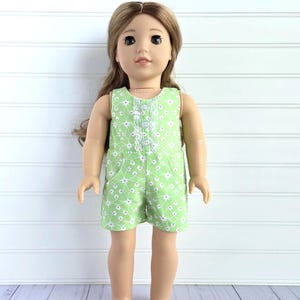 Green Floral Sleeveless Shorts Romper. Fits 18&quot; Dolls