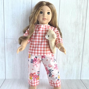Pink Check and Floral Pajamas and Plush Teddy Bear. Fits 18&quot; Dolls