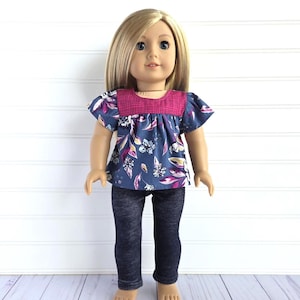 18&quot; Doll Top and Leggings. Blue and Pink Floral Short Sleeve Top and Denim Leggings. fits 18&quot; dolls. Handmade