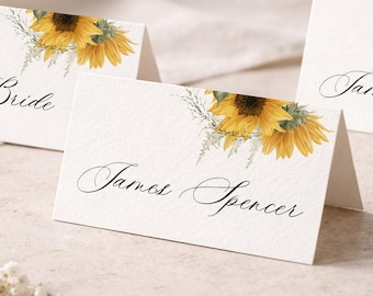 Sunflower Place Cards, Personalised Yellow Floral Name Cards, Autumn Folded Wedding Table Place Settings, Fall Romantic Stationery
