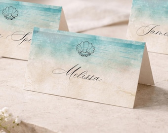 Beach Wedding Place Cards, Seashell Name Cards, Coastal Wedding Table Place Names, Blue Watercolour Folded Place Cards, Destination Wedding