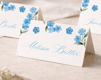 Blue Forget-Me-Not Folded Wedding Place Cards, Personalised Name Cards, Floral Table Place Settings, Escort Card