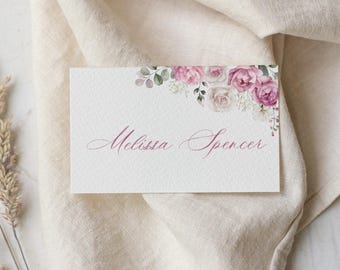 Bright Pink Place Cards, Personalised Floral Name Cards, Folded Wedding Table Place Settings, Romantic Stationery