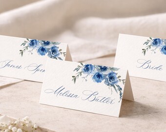 Navy Blue Roses Place Cards, Personalised Floral Name Cards, Folded Wedding Table Place Settings, Romantic Stationery