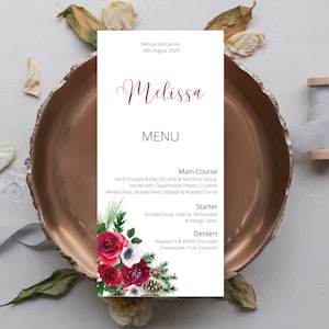 Wydrukowane lub do wydrukowania bordowe menu weselne z imionami gości | Zimowe nazwy miejsc | Papeteria w dniu ślubu | Karta miejsc na wesele | PD005