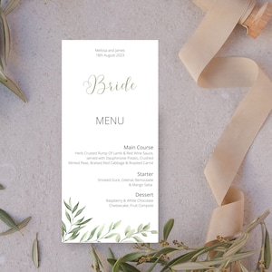 Wydrukowane lub do wydrukowania menu weselne Sage z nazwiskami gości | Spersonalizowana nazwa miejsca i menu imprezy | Menu Greenery | Karta miejsca na wesele | PD004