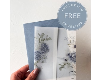 Printed Dusty Blue Wrap and Envelope for Wedding Invitation, DIY Wedding Invite Kit, Floral Vellum Jacket, Light Blue and Green Eucalyptus