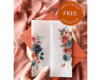 Teal and Orange Wedding Vellum Wrap, FREE Envelope, Aqua Green Vellum Jacket, Burnt Orange Floral Vellum Paper, Pre-folded Boho Invite Wrap