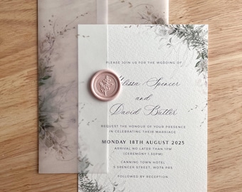 Green Foliage and Delicate Blush Pink Wedding Invitation with Vellum Wrap and Envelope, Intimate Reception, Natural Elegance Card, PD06