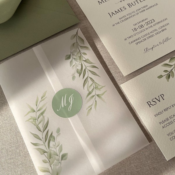 Printed Sage Vellum Jacket | Rustic | DIY Wedding Invitation | 7x5" and A5 Invitation Card