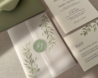 Printed Sage Vellum Jacket | Rustic | DIY Wedding Invitation | 7x5" and A5 Invitation Card