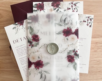 Burgundy Wedding Invitation Suite, White Floral Vellum Wrap Details Card, RSVP Insert, Burgundy Envelope, Sage Green, Gold Floral Wax, PD17
