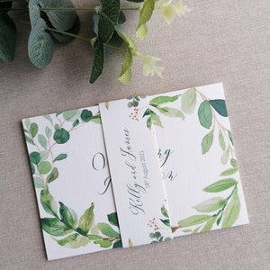 Dreifach gedruckte Hochzeitseinladung | Grüne Blätter Hochzeitseinladung| NICHT PERSONALISIERTES MUSTER