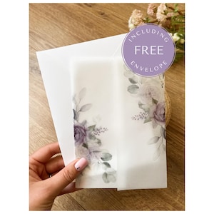 Carta da regalo per matrimonio con rose viola, invito floreale vintage viola, pre-piegato verde salvia, romantico giardino botanico boho fai da te per matrimonio
