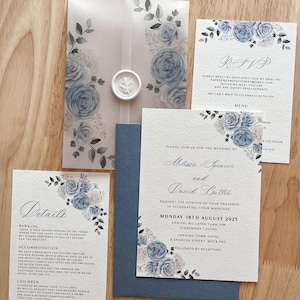 Set di inviti per matrimonio con rose blu polverose, carta velina, biglietto di risposta con motivo "Fiato di bambino", sigillo di ceralacca e busta, Gypsophila romantica e rustica, PD11