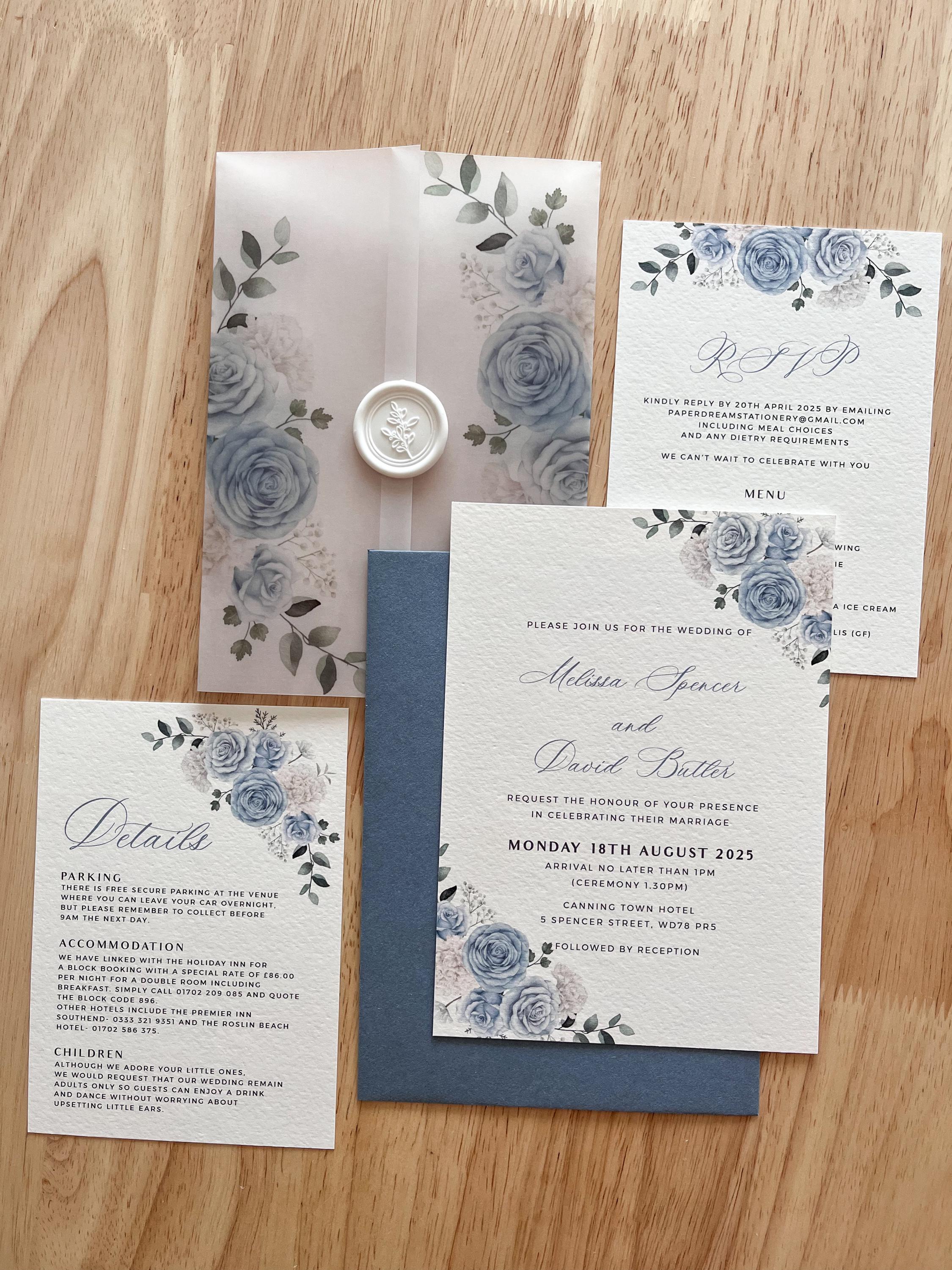 Dusty Blue Roses Wedding Invitation Set with Vellum Wrap