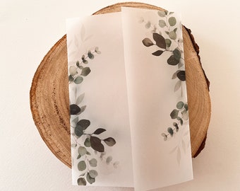 Green Eucalyptus Wedding Vellum Wrap, Botanical Vellum Jacket, Foliage Vellum Paper, 7x5" and A5, Pre-folded Rustic Invite Wrap