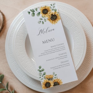 Zonnebloem en eucalyptus bruiloftsmenu met gastnaam, gepersonaliseerde plaatsnaam en feestmenu, bruiloftsplaatskaart, rustieke bruiloft, PD007
