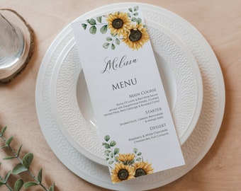 Sunflower and Eucalyptus Wedding Menu with Guest Name, Personalised Place Name and Party Menu, Wedding Place Card, Rustic Wedding, PD007
