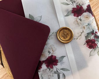 Burgundy 7x5" Vellum Wrap with Floral Gold or Sage Wax Seal and Burgundy Envelope, Autumn and Winter Wedding Event Invitation DIY Kit, PD17