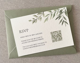 Gedrukte groene salie-uitnodigingskaart en QR Rsvp-kaart | Gepersonaliseerde minimalistische responskaarten | Minimale bruiloft Rsvp met QR-code | PD004