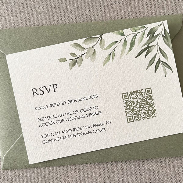 Printed Green Sage Invitation Card and QR Rsvp Card | Personalised Minimalist Response Cards | Minimal Wedding Rsvp with QR Code | PD004